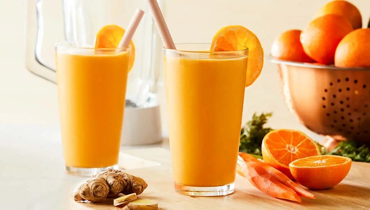 Suco detox de laranja, com ingredientes orgânicos e termonêgicos